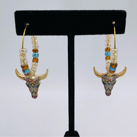 Jewelry - Earrings Hoops Cow Skull Boho Country Western Glass Beads Gold Tone #B Jewelry
